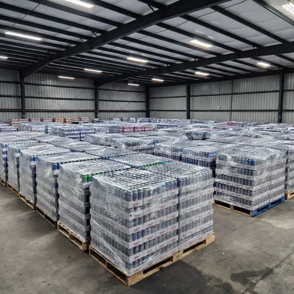 Wholesale energy drink pallets prepared for export shipping in Europe