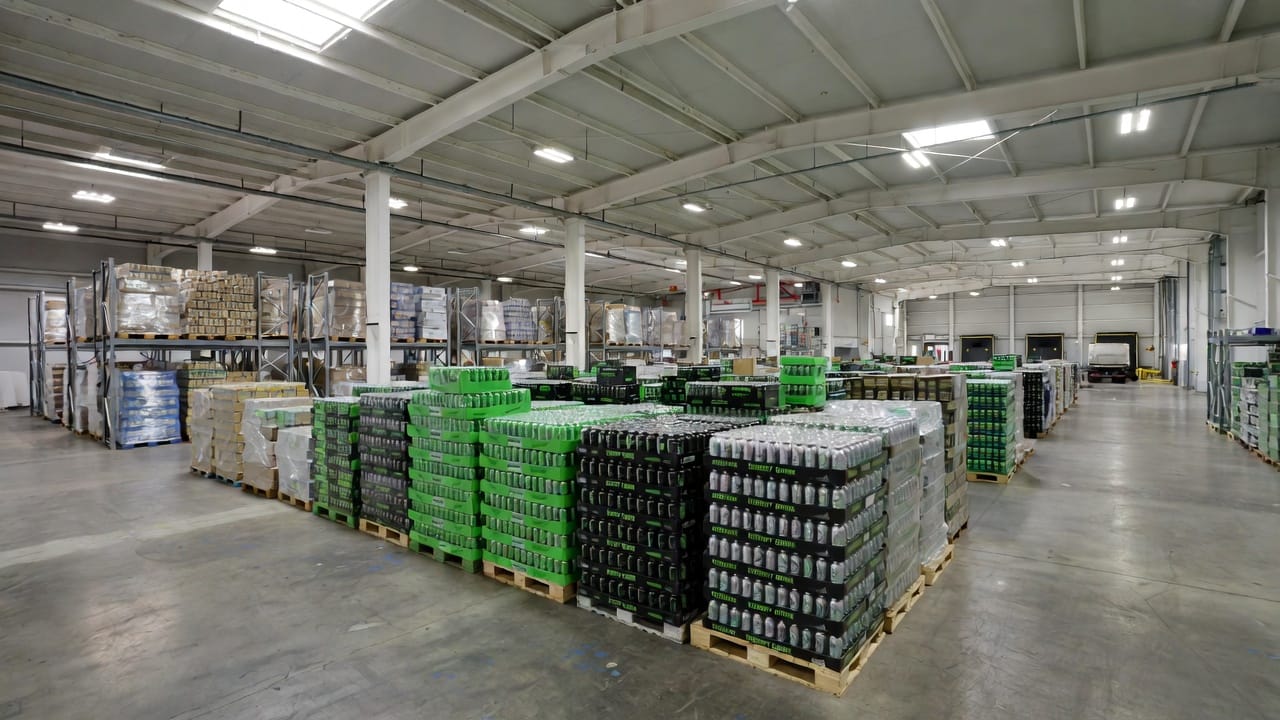 Background - Wholesale energy drink warehouse with pallets