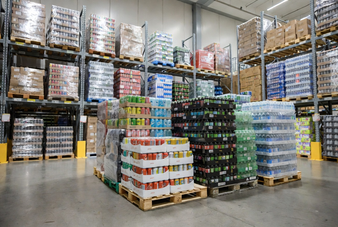 Wholesale energy drinks pallets in European warehouse supplied by Woove GmbH Germany