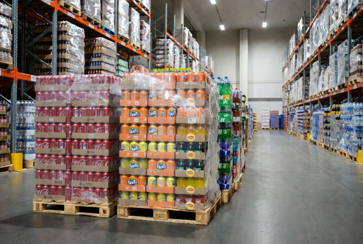 Energy drink pallets in a European wholesale warehouse for bulk beverage buyers