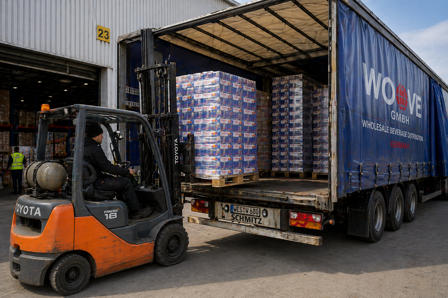DAP and DDP delivery truck loaded with wholesale energy drink pallets for EU and international export – Woove GmbH Germany