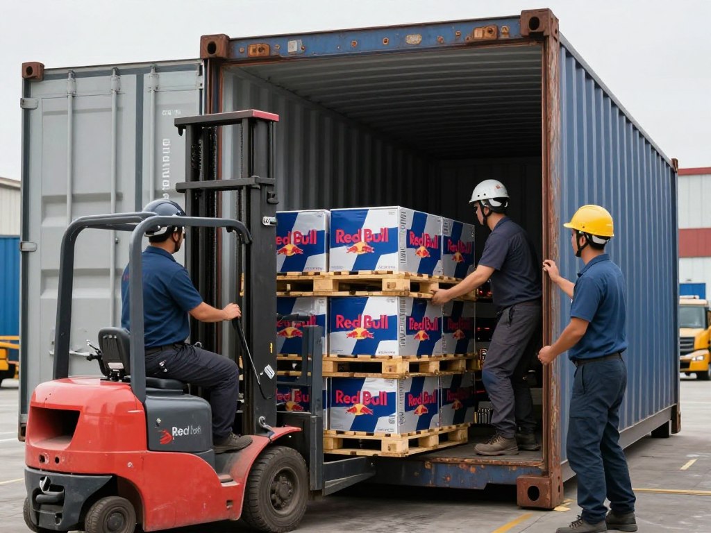 Wholesale energy drink pallets and container loads stacked in warehouse ready for international B2B export – Woove GmbH Stuttgart