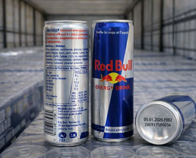 Long shelf life energy drink stock including Red Bull and Monster Energy suitable for wholesale storage and international shipping