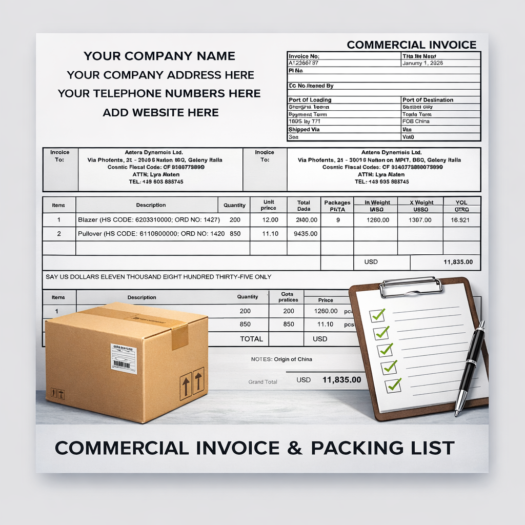 Export documentation including commercial invoice and packing list prepared for B2B wholesale energy drink shipment – Woove GmbH